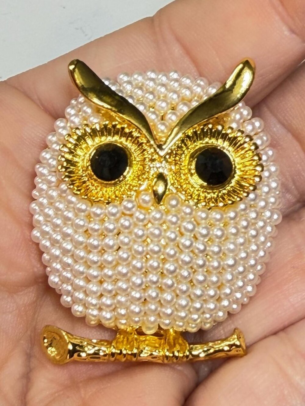 Pearl Owl Brooch Gold Tone Domed Bird Pin 1.75 inches